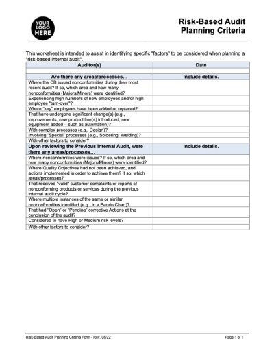 Risk-Based Audit Planning Criteria" template in MS Word (08/22)