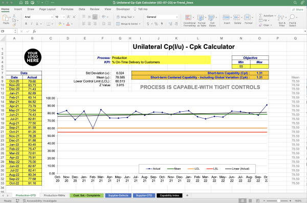 "Unilateral Cp-Cpk Calculator w/trend lines" (Excel)